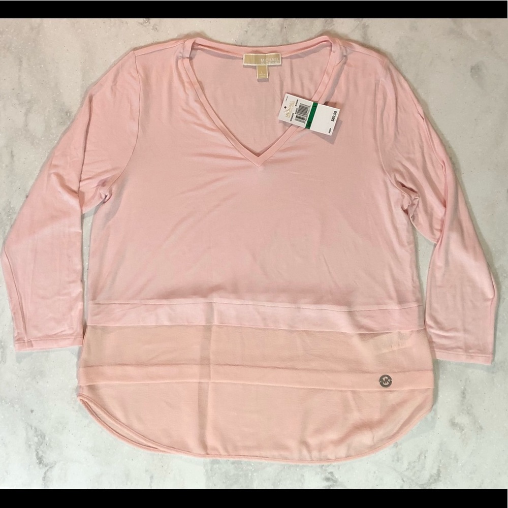 NWT Michael Kors Mixed Woven and Knit Layered Hem V-Neck 3/4 Sleeve Top Large